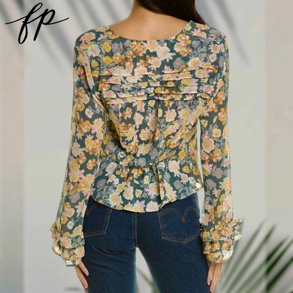 FREE PEOPLE Maybel Tie-Front Ruffled Blouse (Green/Pink) - Picture 2 of 14